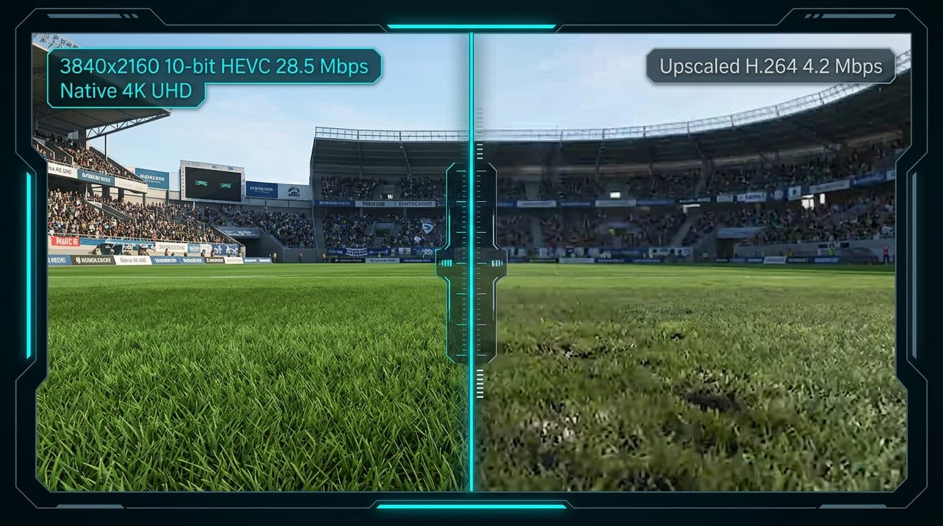 Side-by-side macro pixel density comparison showing true 4K HEVC broadcast detail versus compressed upscaled 1080p streaming artifacts.