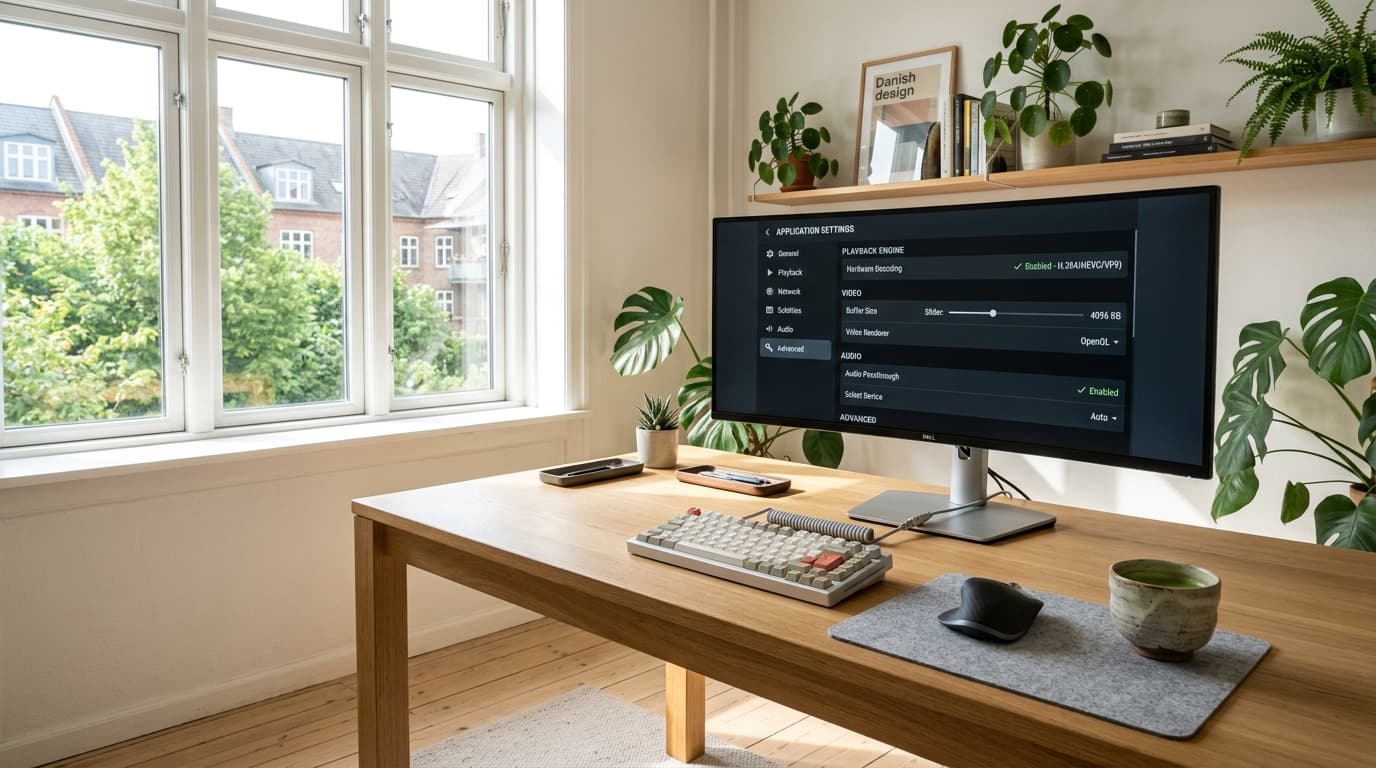 Scandinavian home office with curved ultrawide monitor displaying advanced IPTV player playback engine and buffer settings