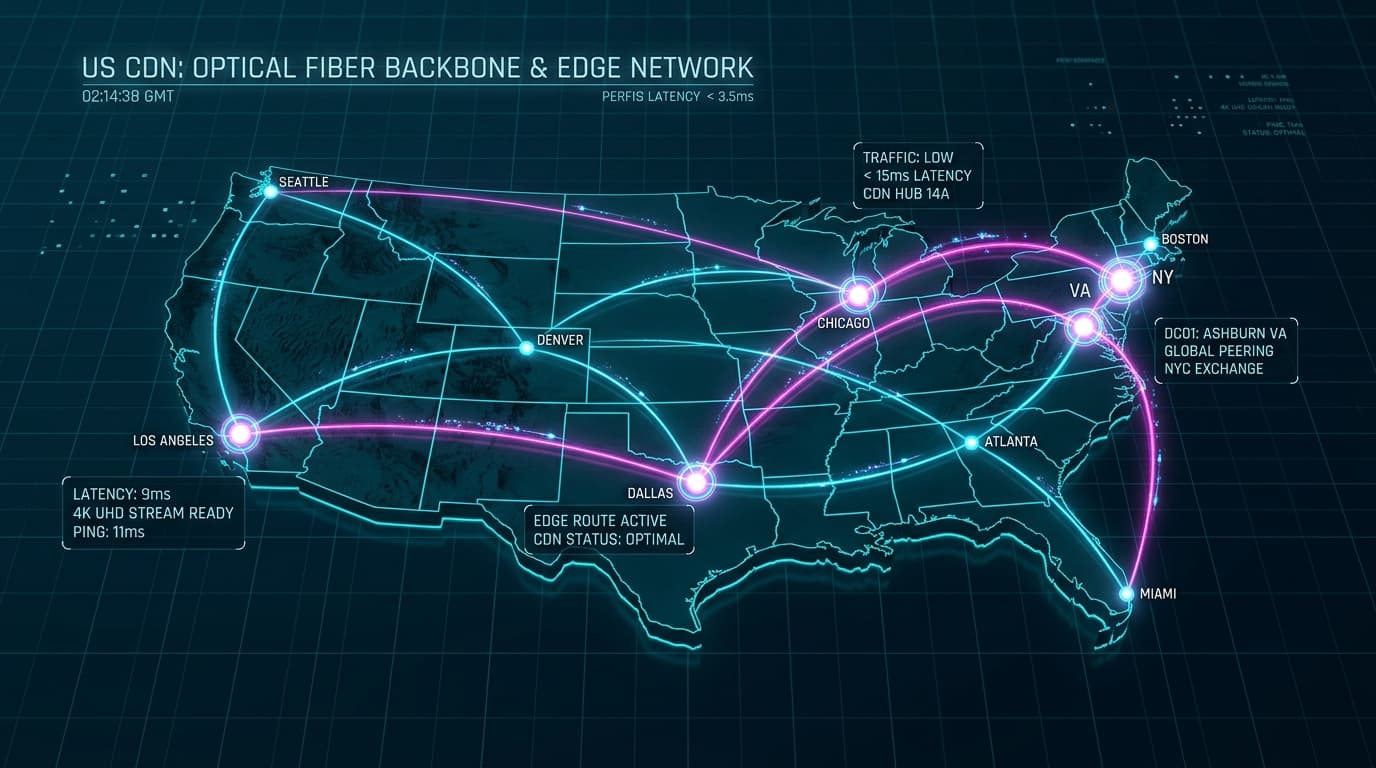 Digital topology map of North America illustrating ultra-low latency CDN edge server routing nodes across major US metropolitan hubs.