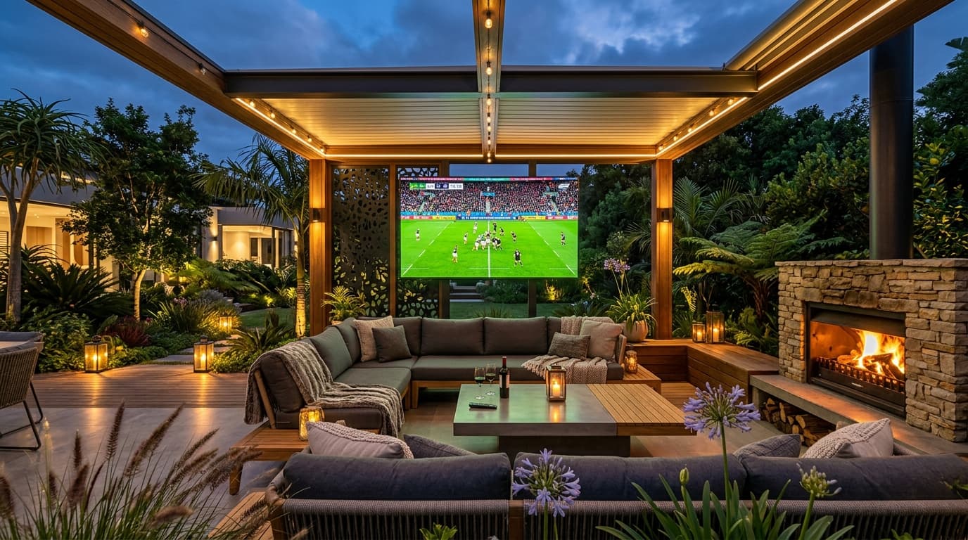 Covered outdoor patio lounge with a weatherproof 4K television streaming a live international sports broadcast in evening lighting