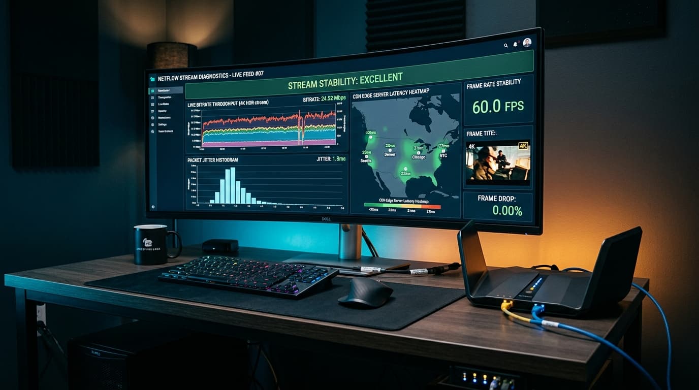 High-resolution monitor displaying real-time stream throughput analytics, packet jitter, and server latency diagnostics