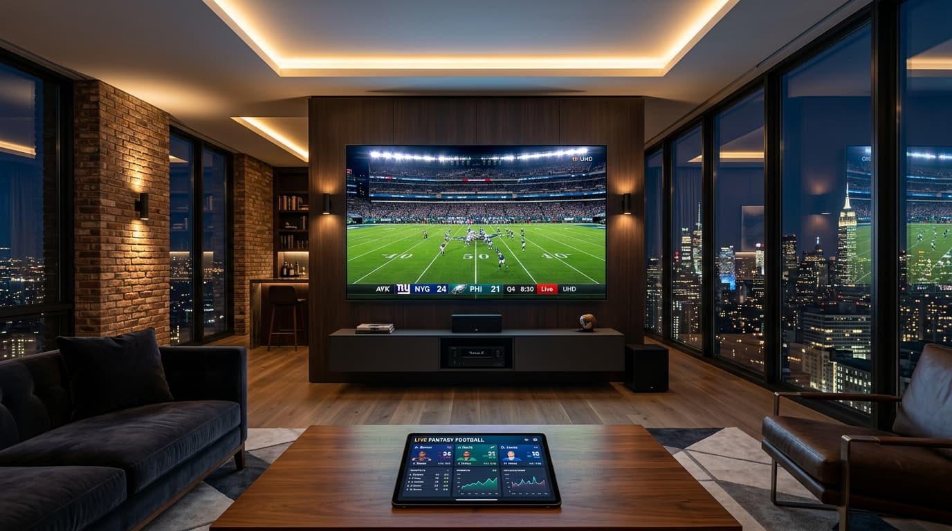 An 85-inch Mini-LED television displaying a live 4K American football stadium broadcast in a high-rise sports lounge at night.