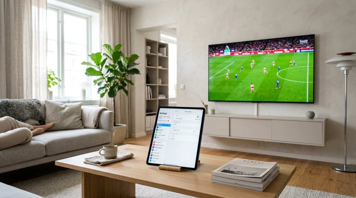 Tablet displaying custom DNS server configuration alongside a wall-mounted TV showing successful IPTV channel playback after fixing authorization blocks