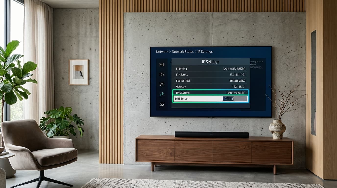 Wall-mounted Samsung Smart TV displaying Tizen OS network settings menu with manual DNS server configuration