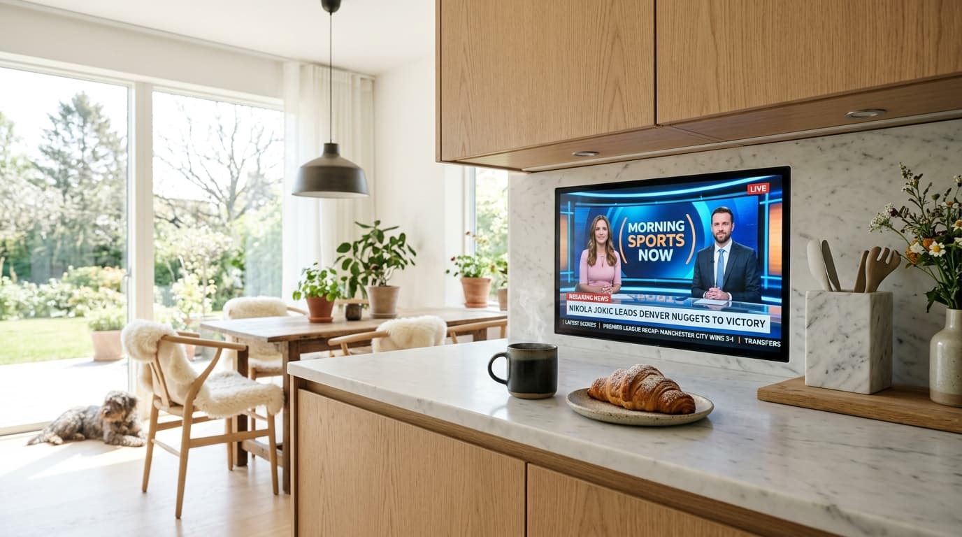 Sunlit modern kitchen breakfast bar with an under-cabinet screen streaming live morning sports news via IPTV next to a coffee cup