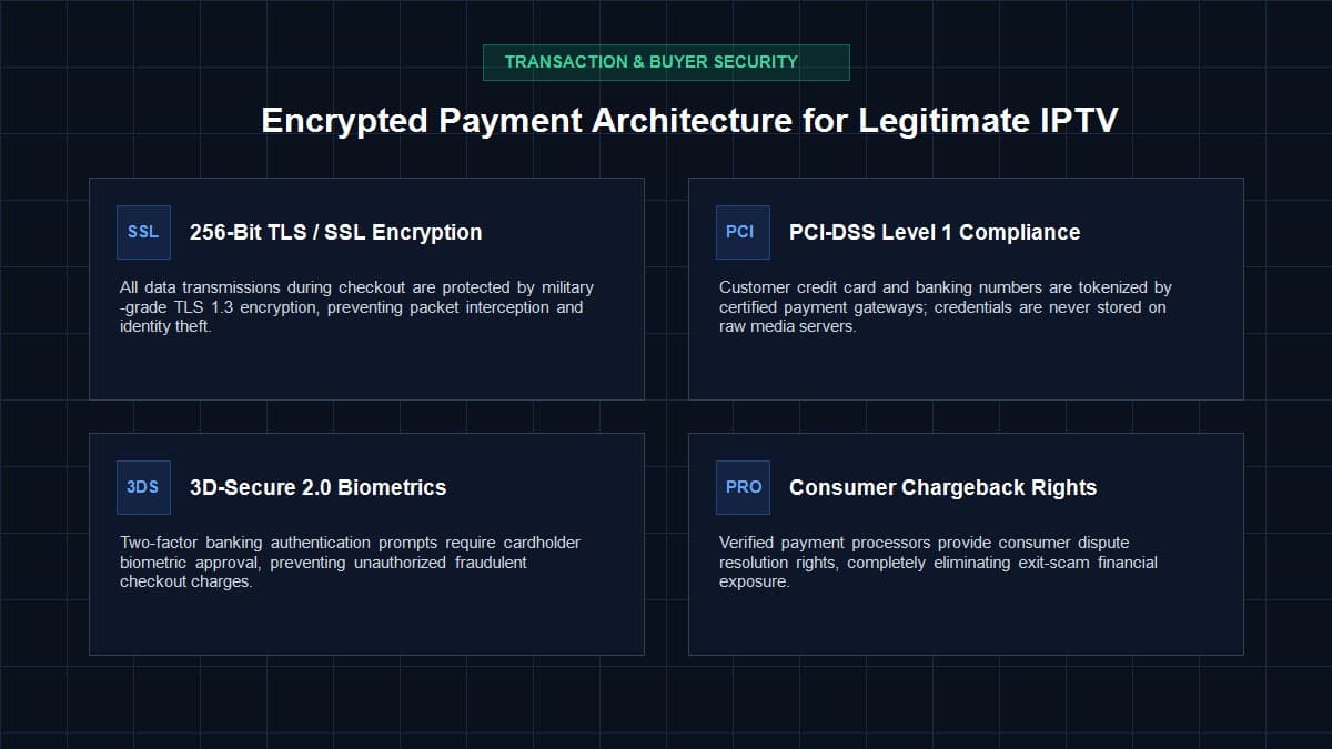 Cybersecurity infographic detailing 256-bit SSL encryption, PCI-DSS compliance, and 3D-Secure fraud prevention