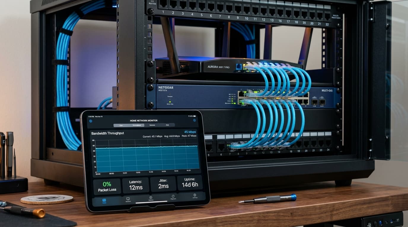 Smart home networking rack featuring a Wi-Fi 7 router and real-time tablet throughput monitor measuring continuous 45 Mbps bandwidth for 4K streaming.