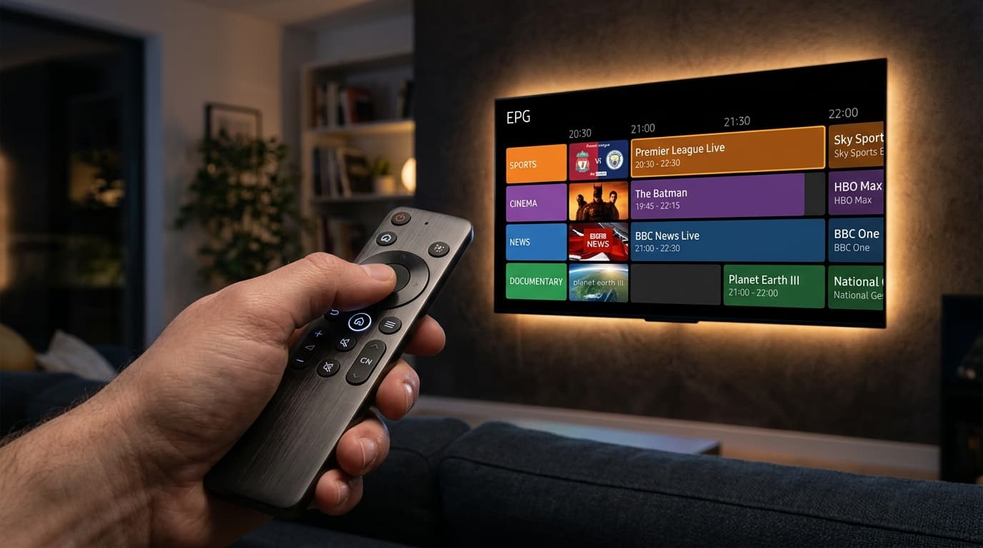 Close-up of a hand using a sleek smart remote to navigate an EPG live channel schedule on a wall-mounted television