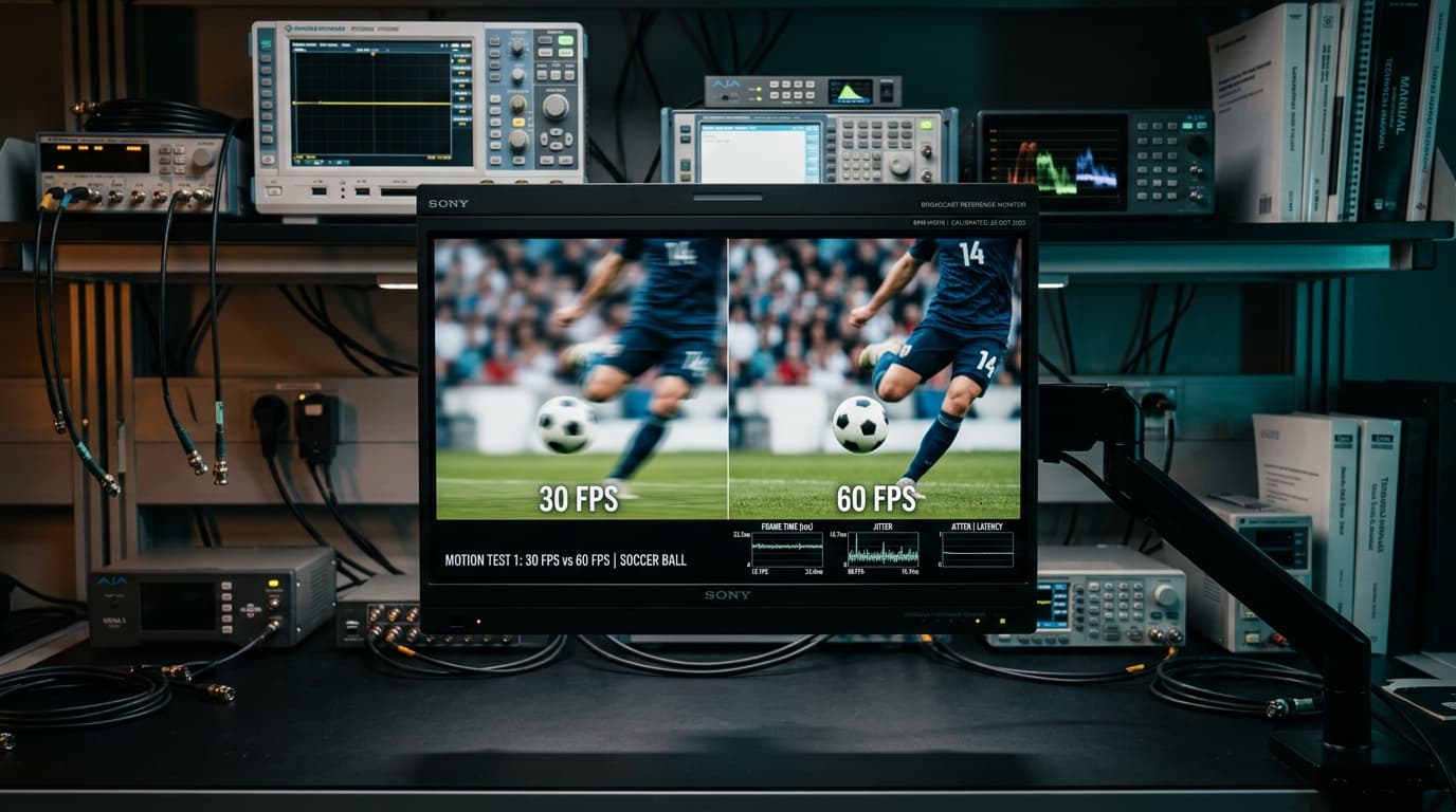 Broadcast engineering test monitor displaying side-by-side technical comparison of 30FPS motion blur against smooth 60FPS sports stream playback