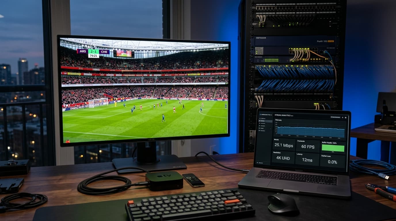 Benchmarking workstation displaying real-time 4K 60 FPS stream telemetry and bitrate metrics for evaluating the best IPTV subscription