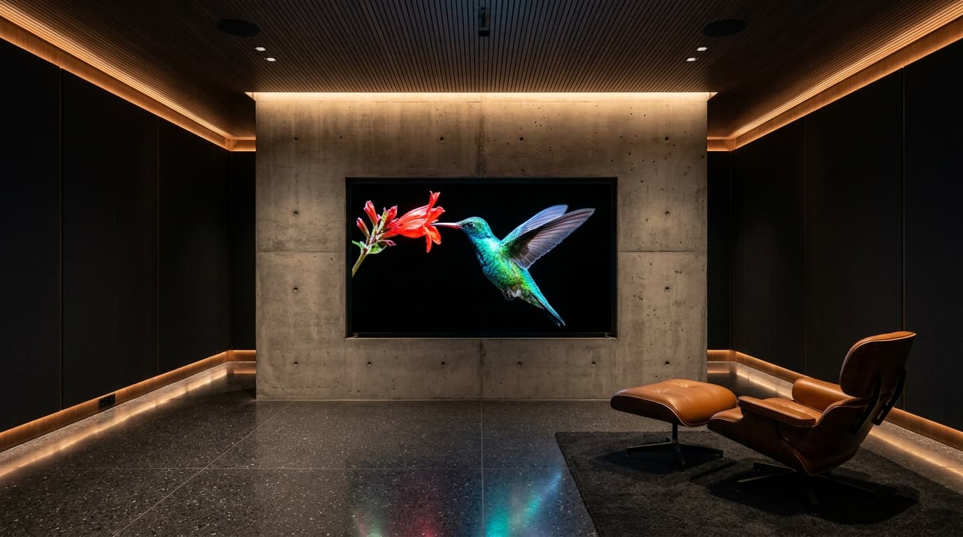 A 77-inch QD-OLED television displaying ultra-sharp 4K HDR wildlife footage inside an amber ambient lit architectural screening room.