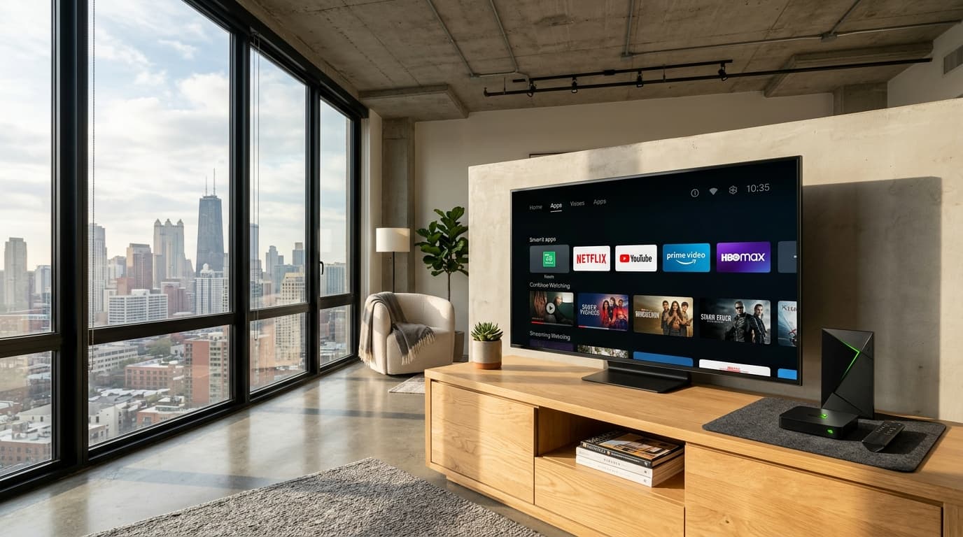 Modern loft living space featuring an NVIDIA Shield TV Pro connected to a 4K television showing an IPTV channel lineup