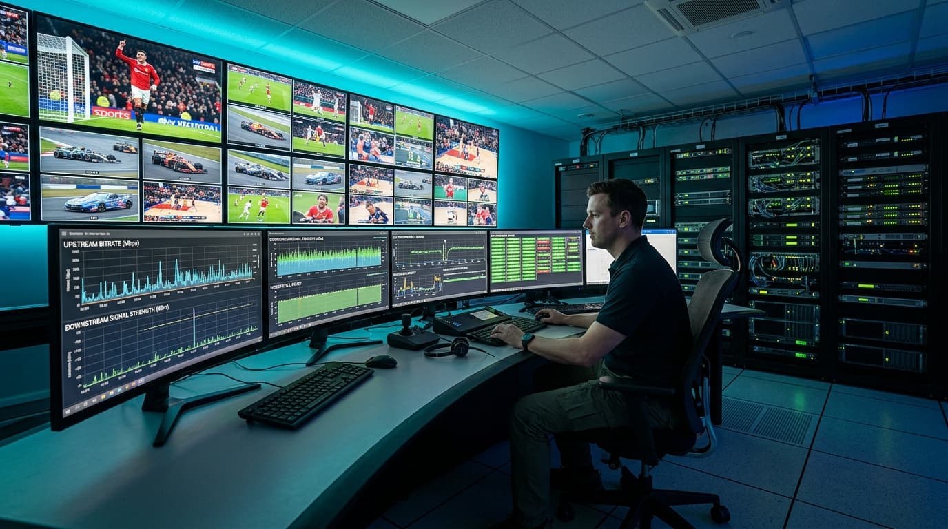 Satellite ground station network operations center with broadcast engineers monitoring live transponder telemetry for sports IPTV feeds
