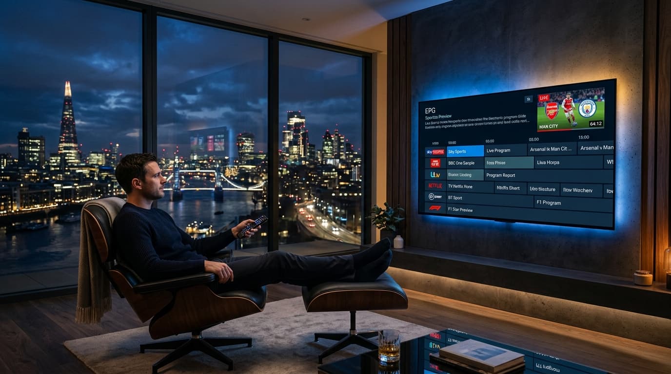 Atmospheric living room displaying categorized live TV channel program guide interface on an OLED television