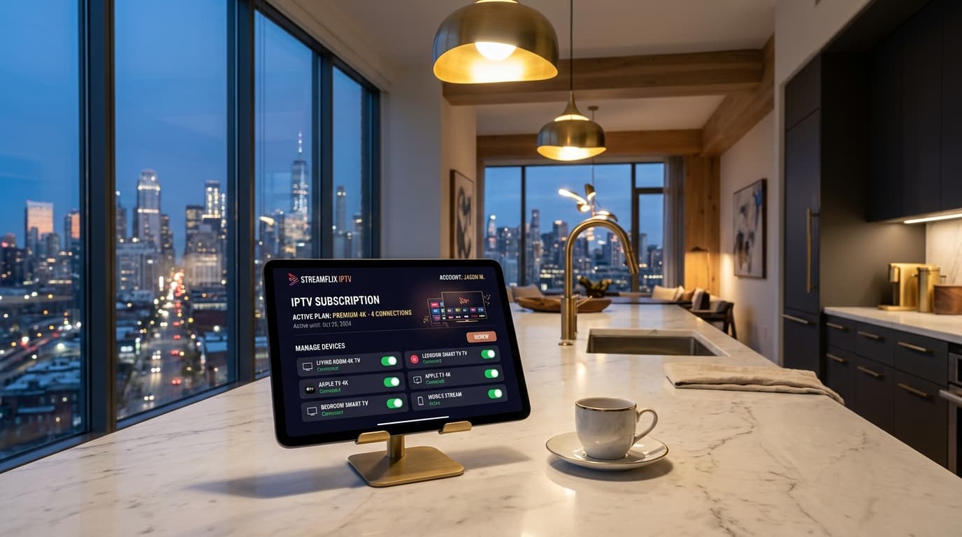 Digital tablet resting on a marble kitchen island displaying subscription plan tiers and account management for IPTV streaming