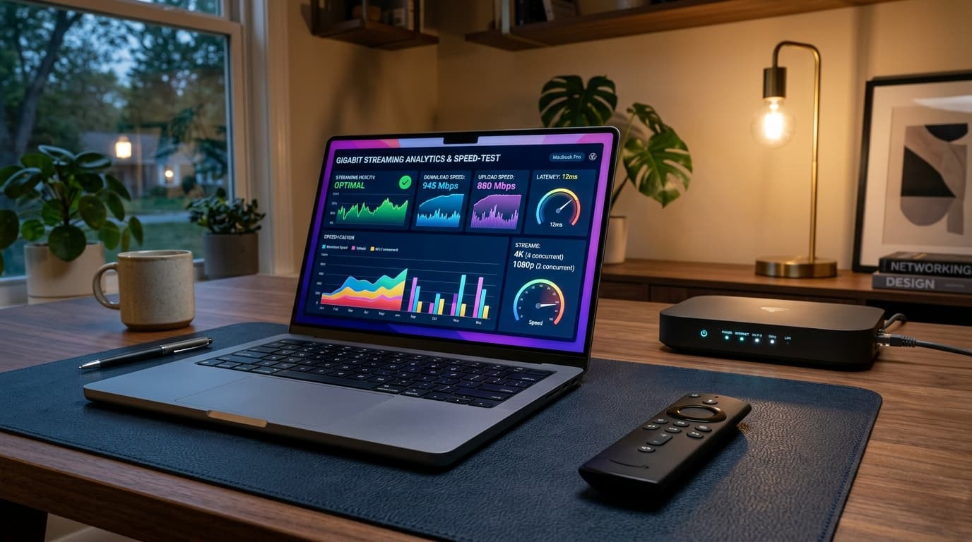 Home office desk with a fiber internet router and streaming hardware illustrating US cable cord-cutting savings