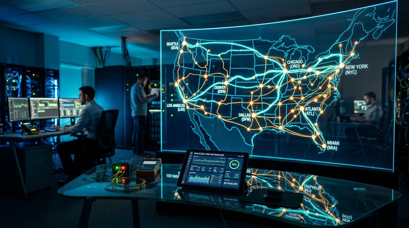 Network monitoring map illustrating low-latency US edge server routing across North American CDN nodes