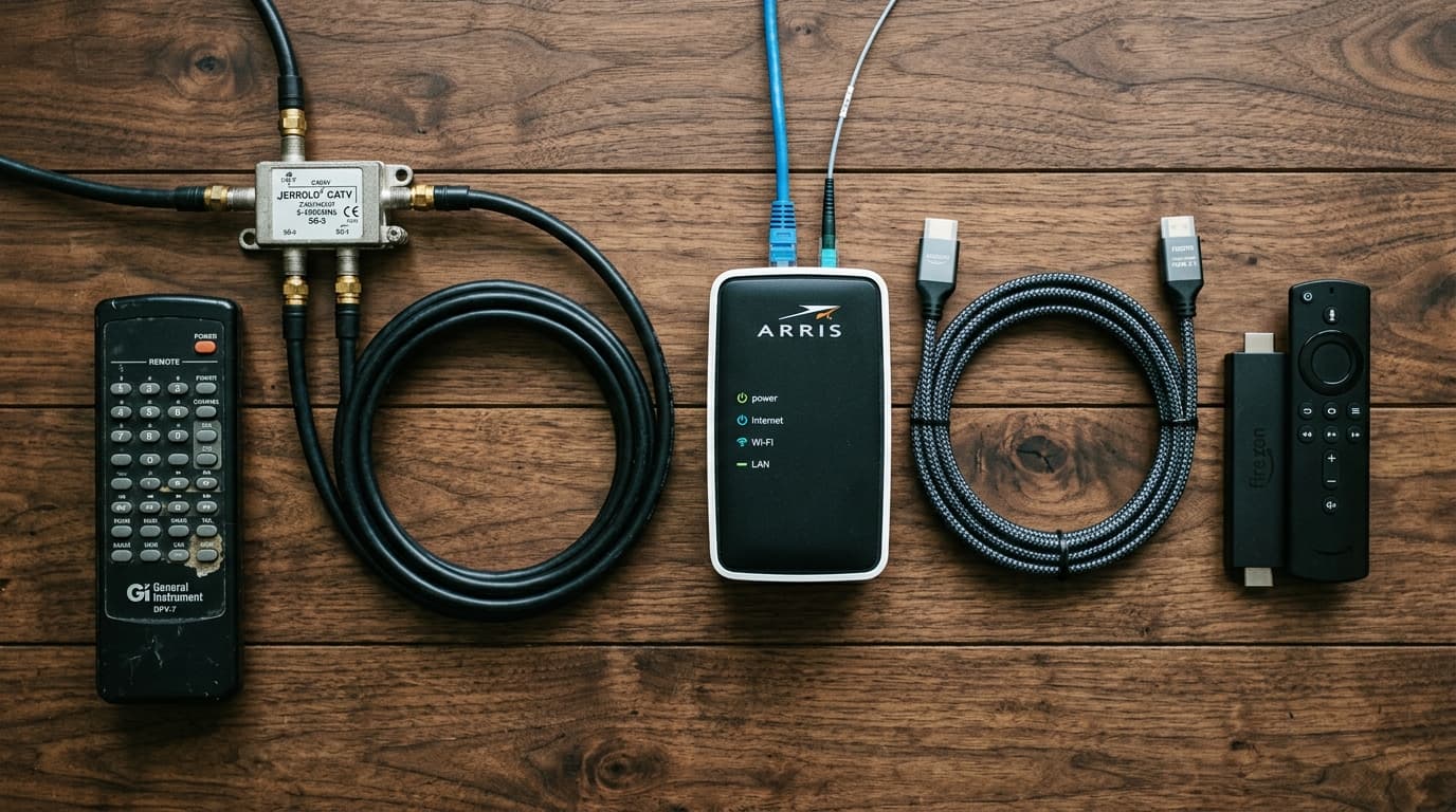 Hardware flatlay contrasting legacy coaxial cable television splitters with modern optical fiber and streaming stick hardware