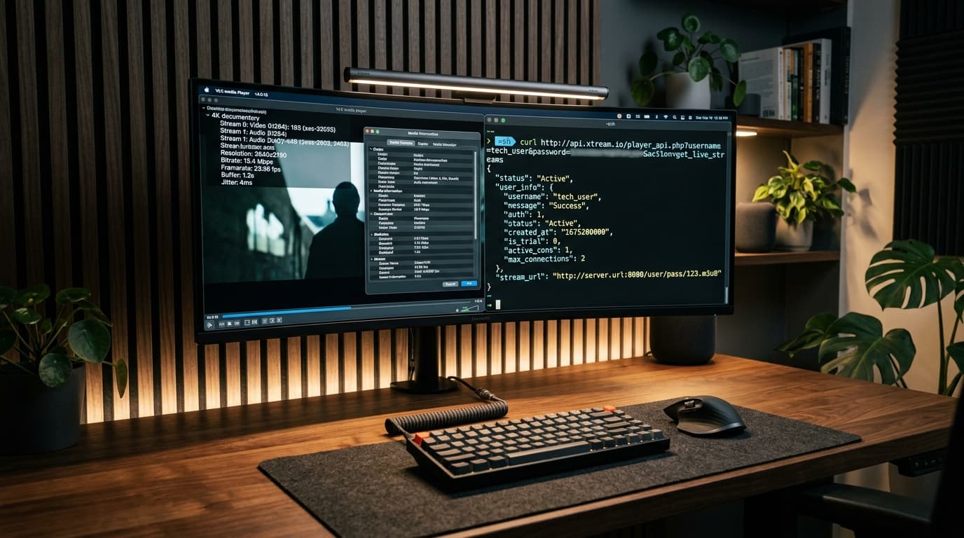 Dual monitor desktop setup verifying IPTV Xtream Codes API credentials and JSON payload response using VLC player