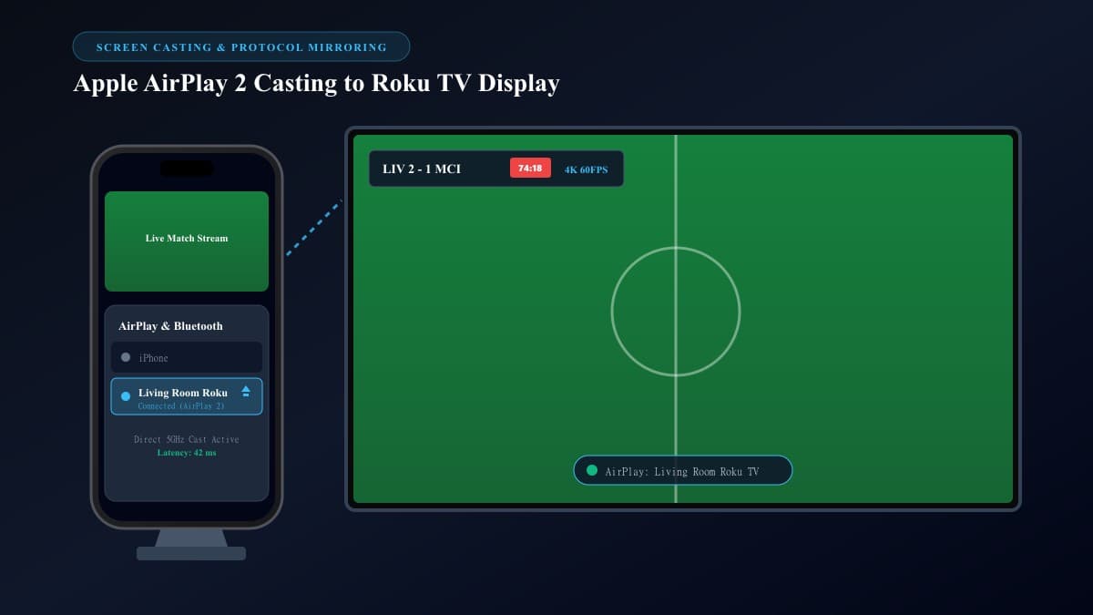 Smartphone casting live IPTV stream via AirPlay to a Roku TV display