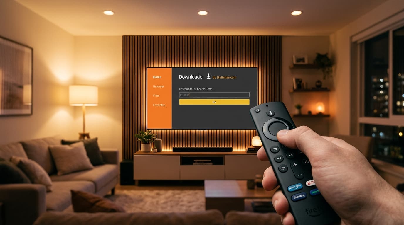 Holding a Fire TV remote pointing at a smart TV displaying the Downloader application interface ready for sideloading