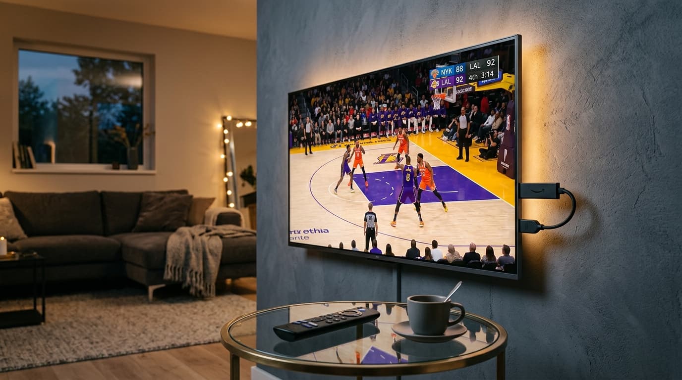 Best IPTV for Firestick Hardware and Streaming Optimization Amazon Fire TV Stick 4K Max connected to an OLED television running a high-bitrate live sports IPTV stream.