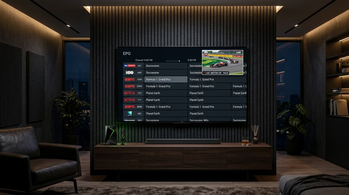 Best IPTV for TiviMate Setup & EPG Guide Navigation TiviMate electronic program guide interface displayed on a 75-inch television screen paired with an Nvidia Shield TV Pro streaming player.