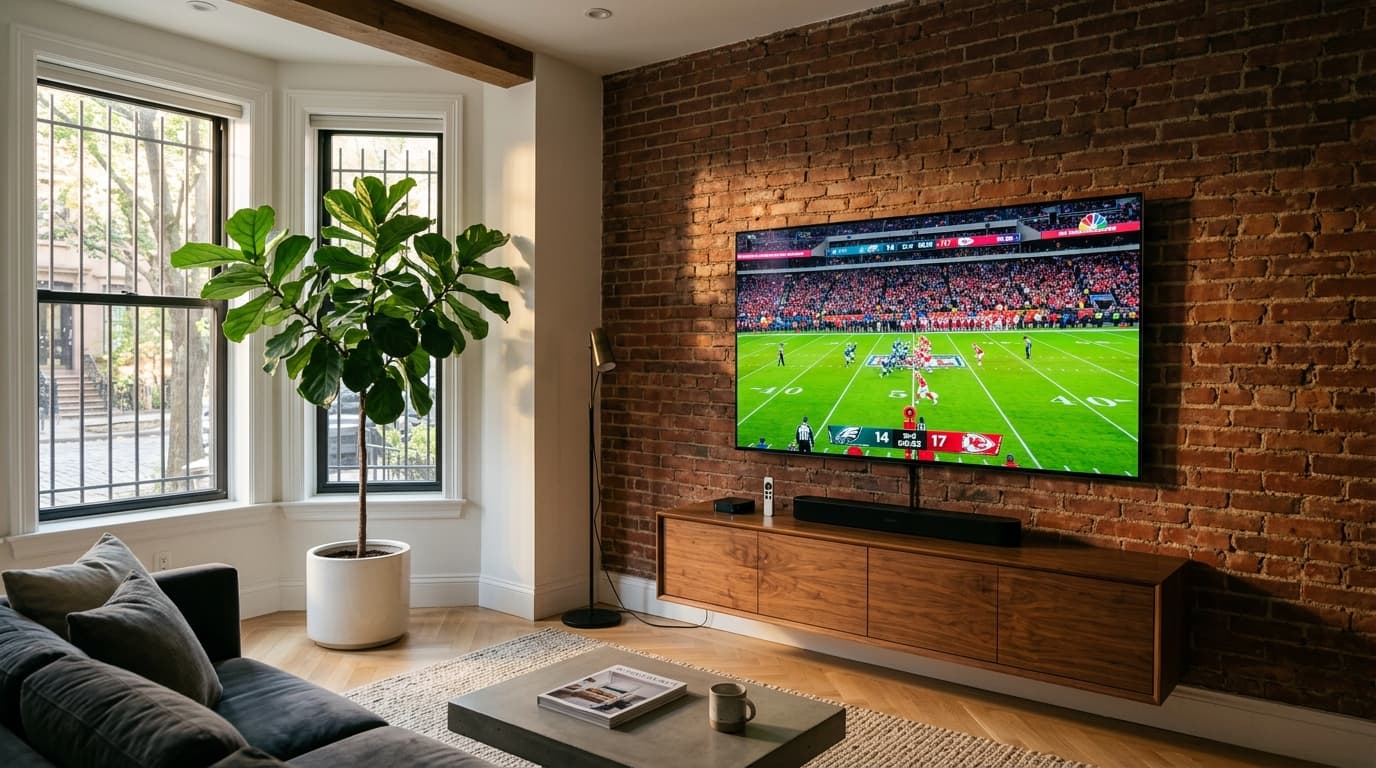 Modern Brooklyn brownstone media den with exposed brick wall and high-end streaming setup broadcasting live 4K college football