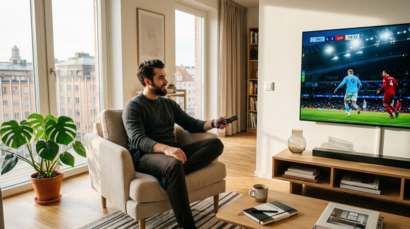 Young man enjoying a crisp live sports match on a wall-mounted television in a sunlit living room with an affordable streaming setup