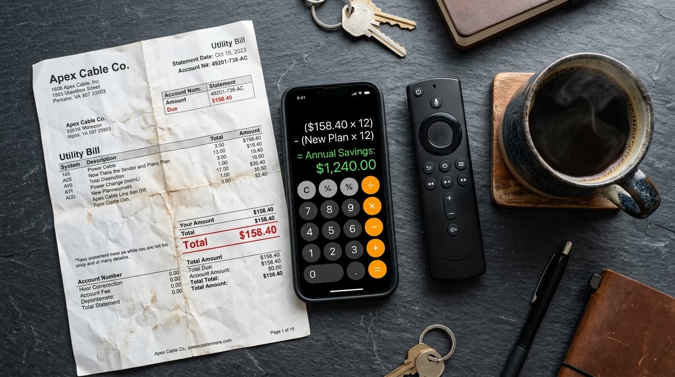Comparison of an expensive traditional cable bill against calculated annual savings from a low-cost IPTV subscription