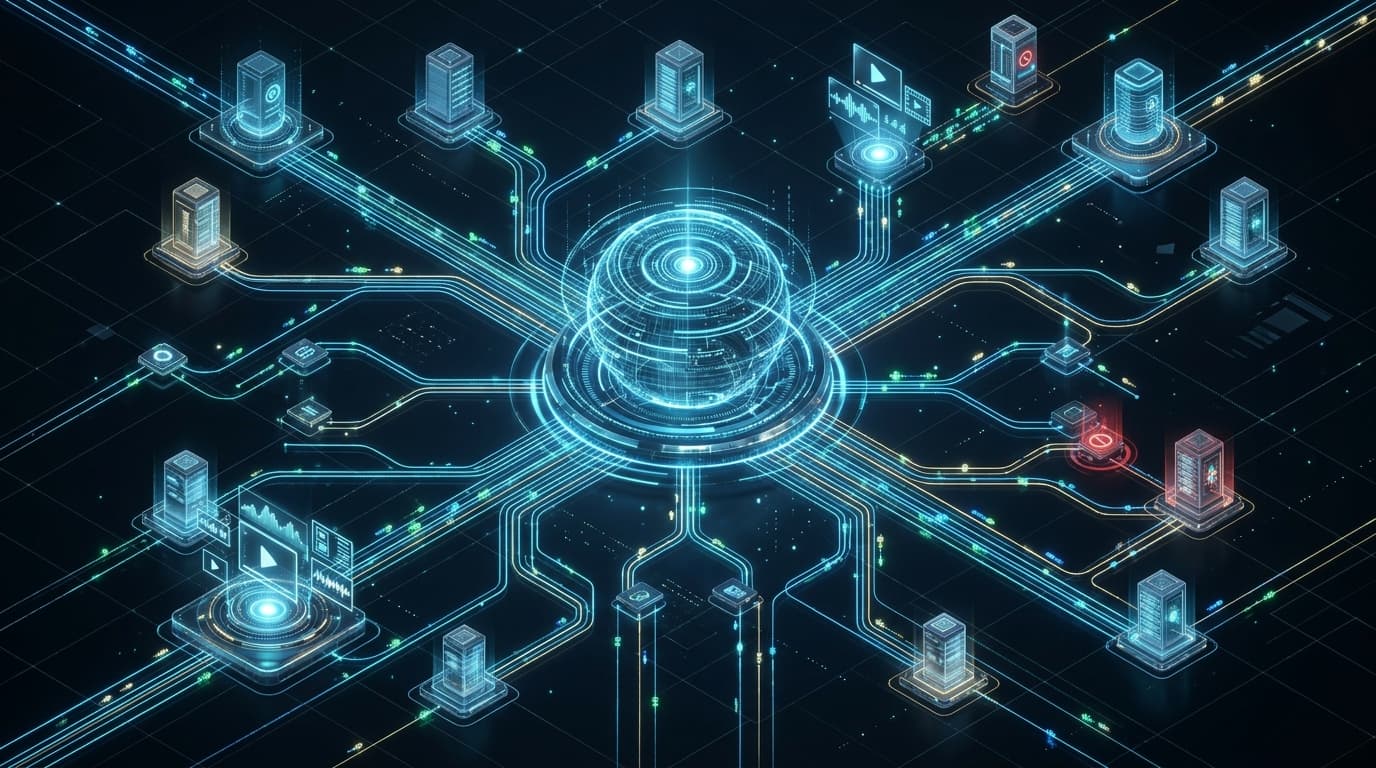Isometric 3D network visualization showing cloud edge CDN nodes routing video stream data packets with low latency