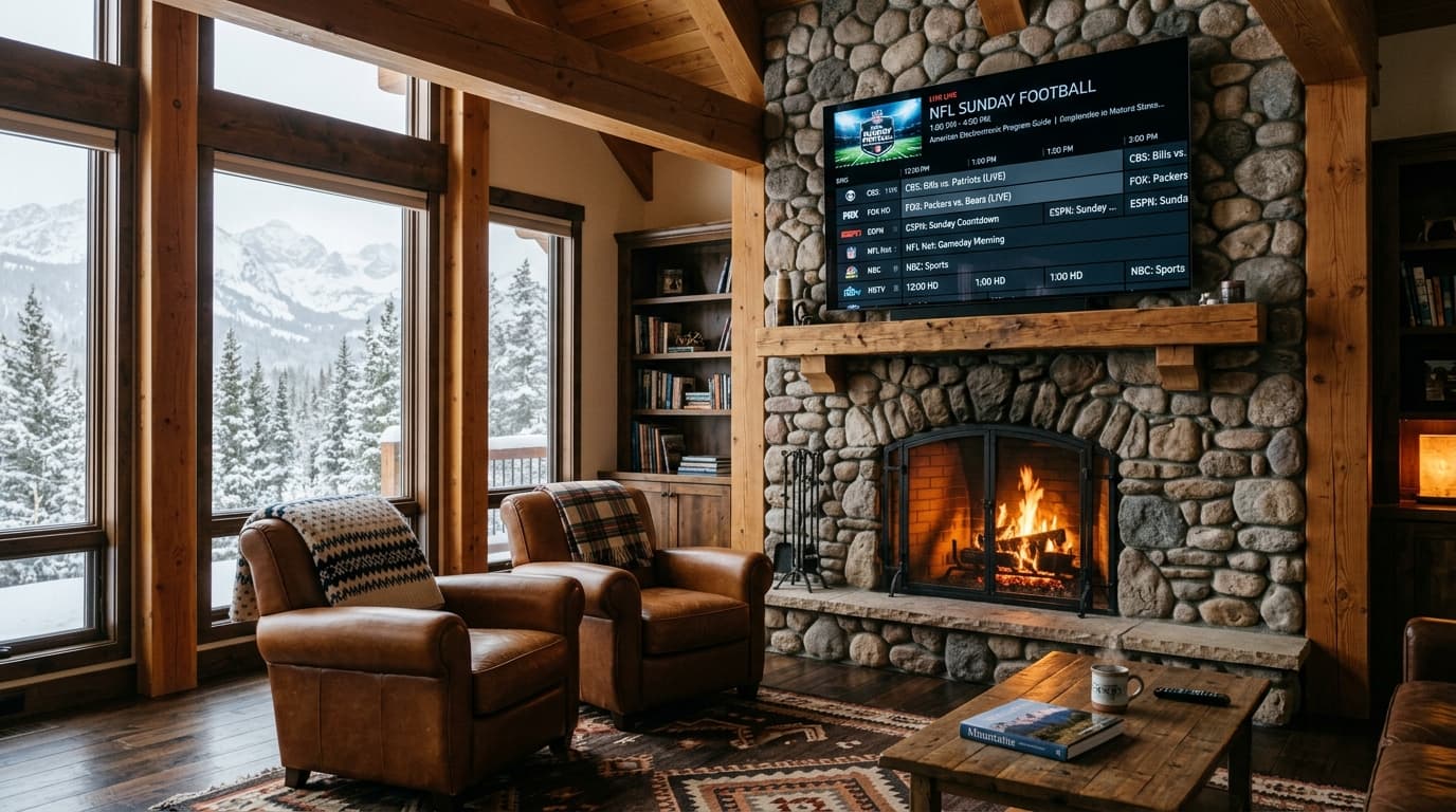 Craftsman mountain chalet living room with stone fireplace and large screen displaying an American live sports and television guide for best IPTV USA