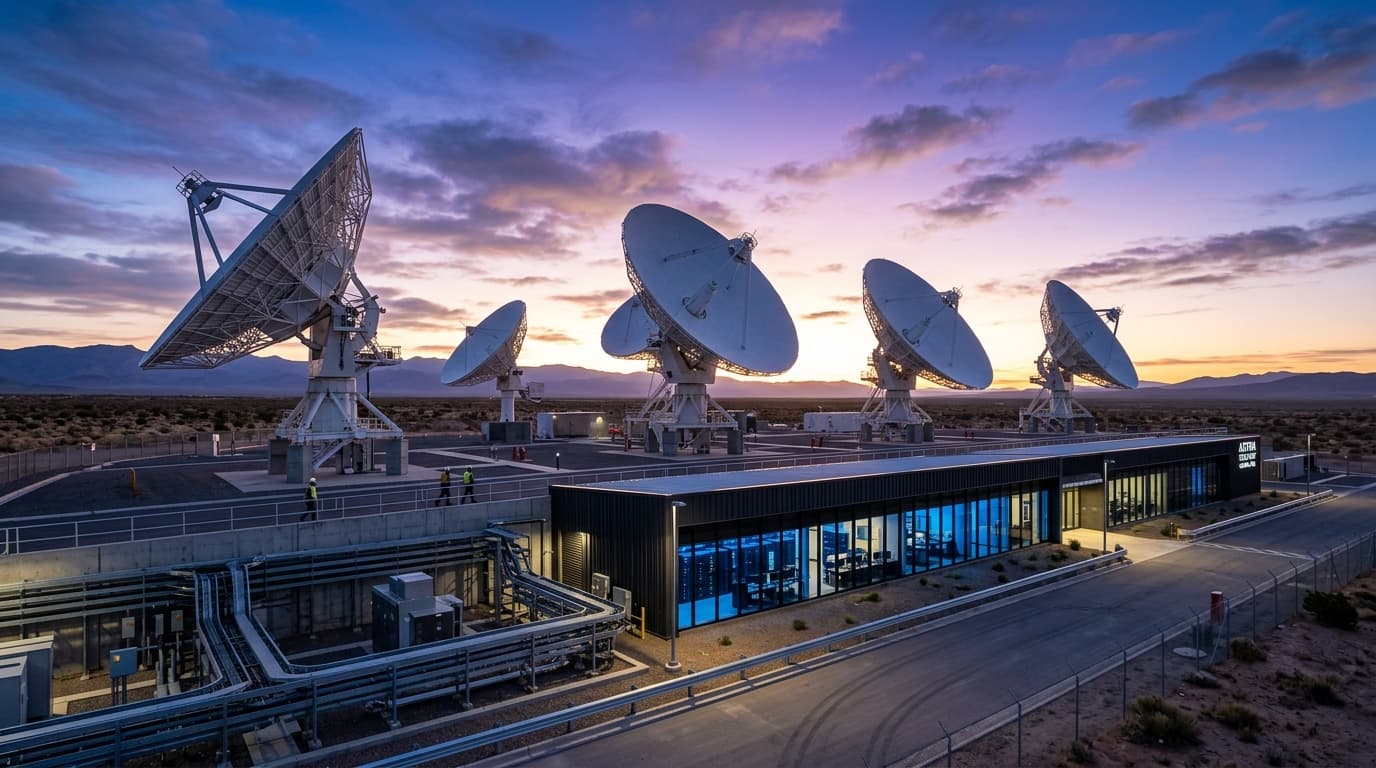 Commercial broadcast satellite teleport antennas and ground station equipment capturing live television feeds for IPTV distribution