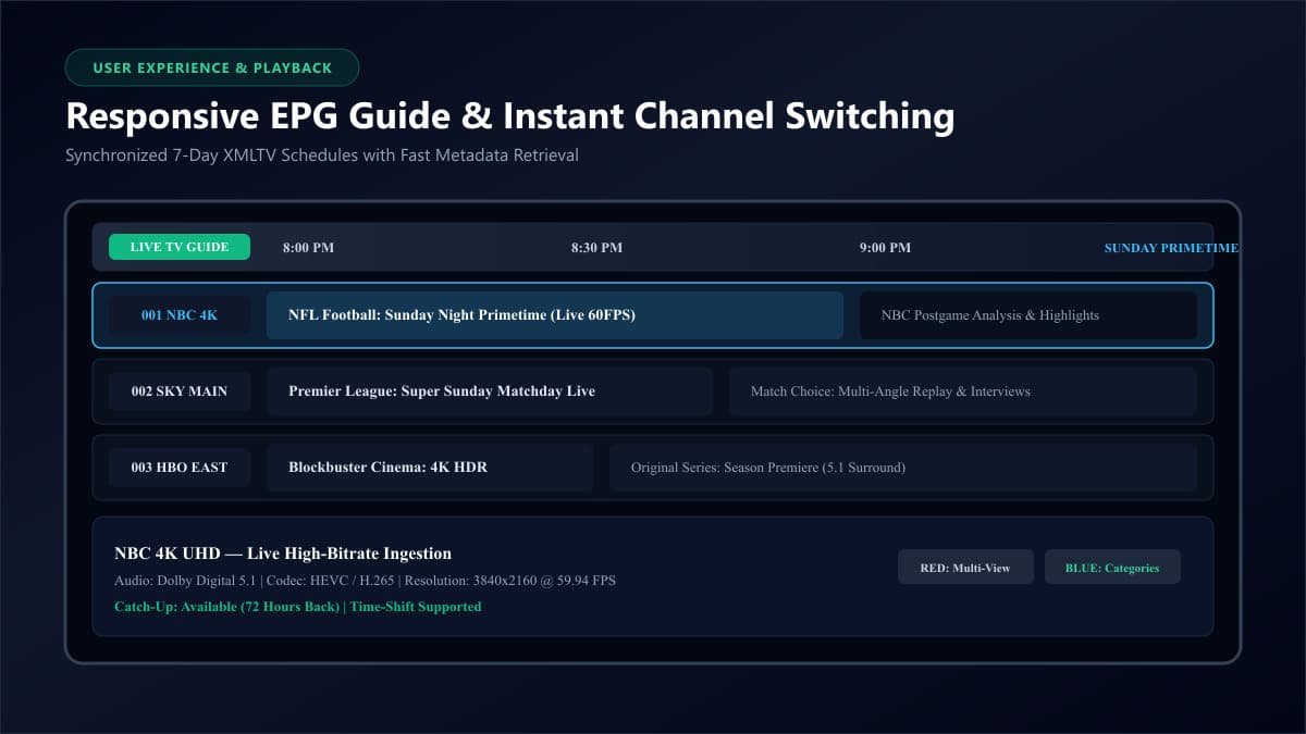 Converted warehouse loft living room showing a smart TV displaying a modern electronic program guide from a premium IPTV provider