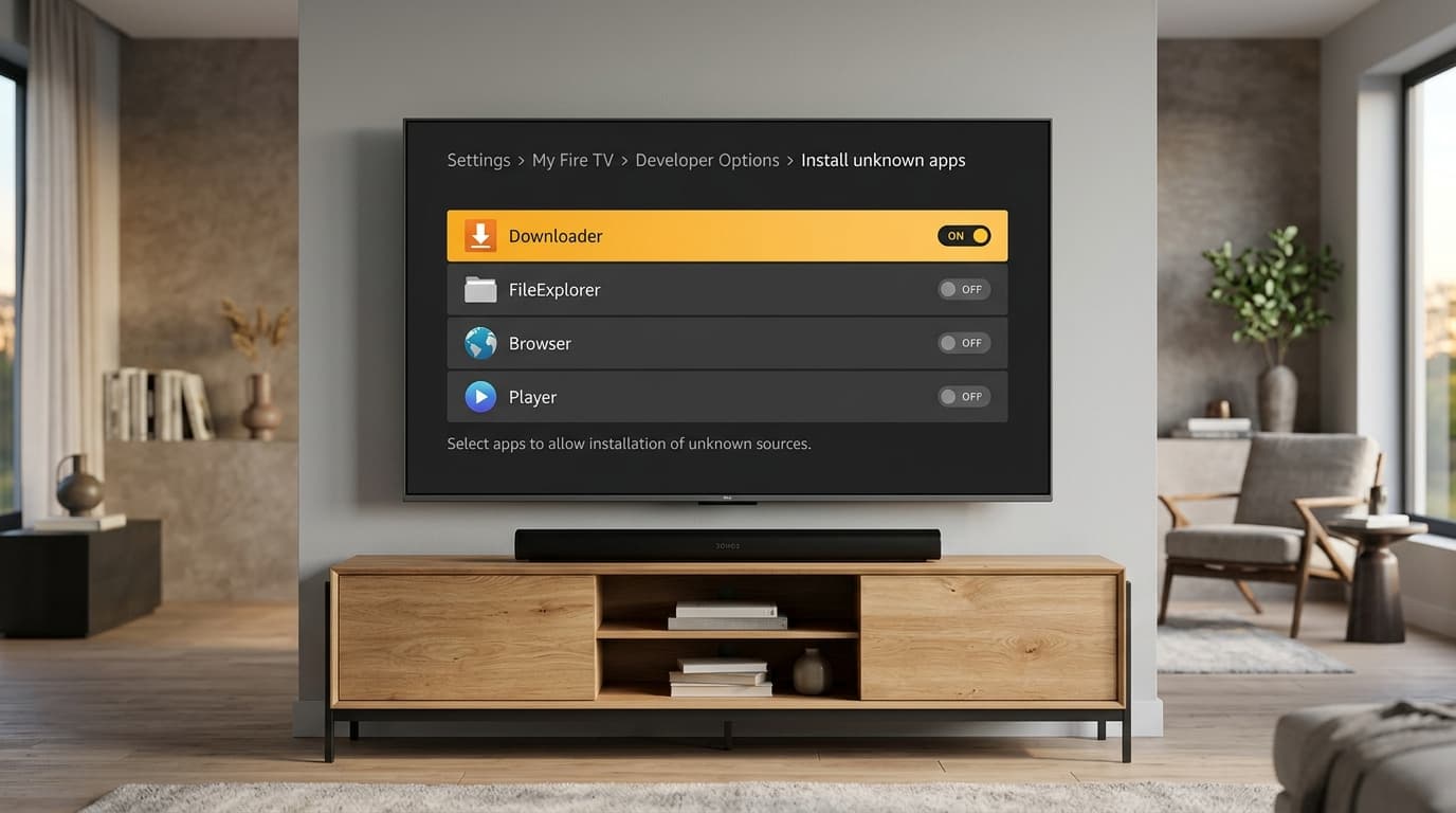 Television screen displaying Fire OS developer options with Install Unknown Apps enabled for the Downloader application
