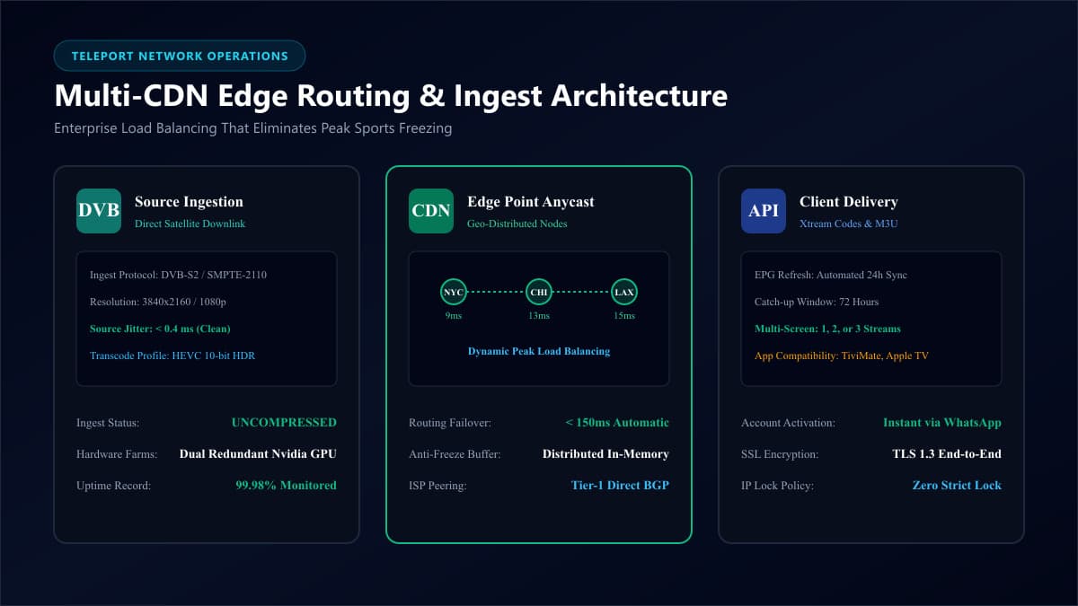 Broadcast operations control room displaying multi-CDN server routing and live stream telemetry for a reliable IPTV provider