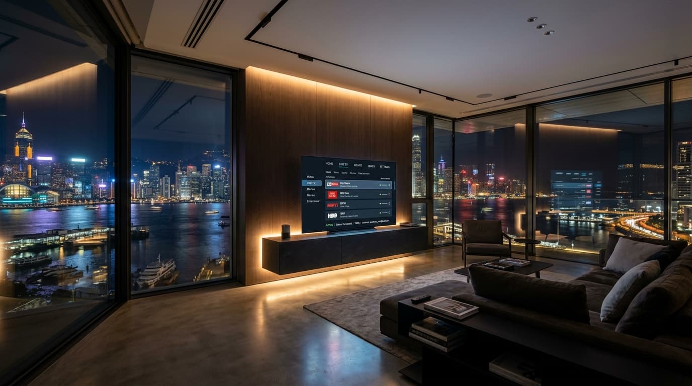 Modern IPTV Subscription Account Dashboard on OLED TV Minimalist glass penthouse living room overlooking an illuminated harbor at night with an OLED TV displaying an IPTV subscription dashboard