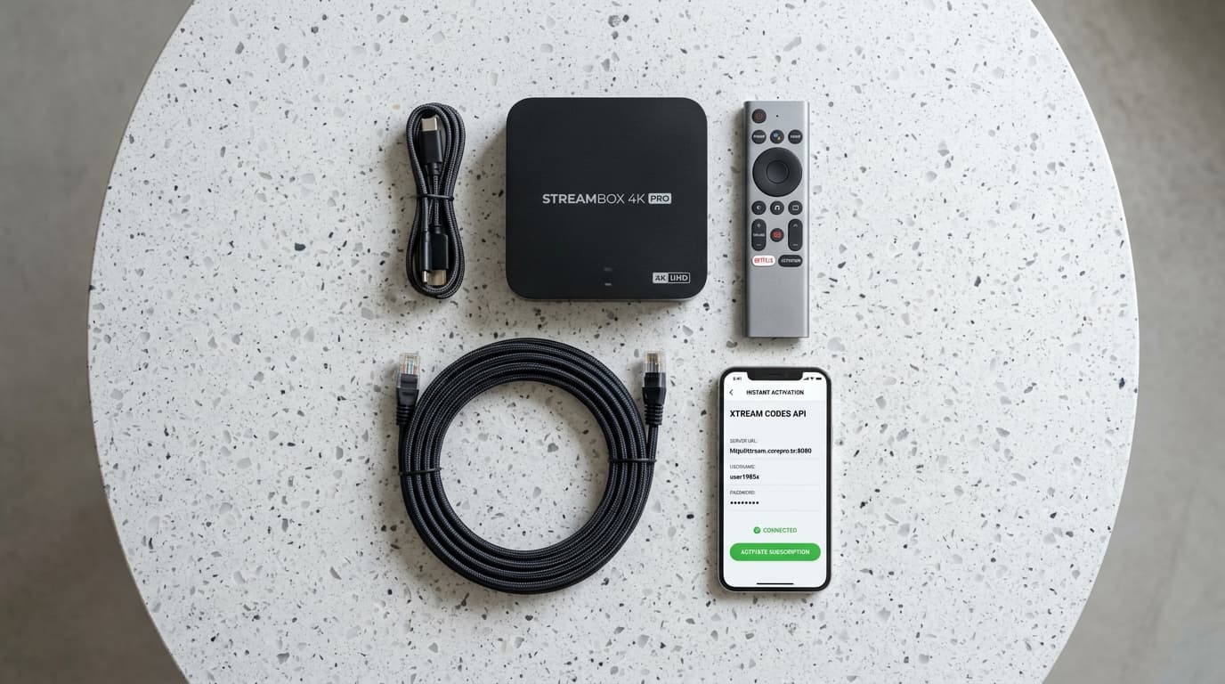 Xtream Codes API Hardware Activation Setup Flatlay Overhead knolling flatlay on terrazzo with a streaming player box, remote, Cat6 cable, and a phone showing instant Xtream Codes API credentials