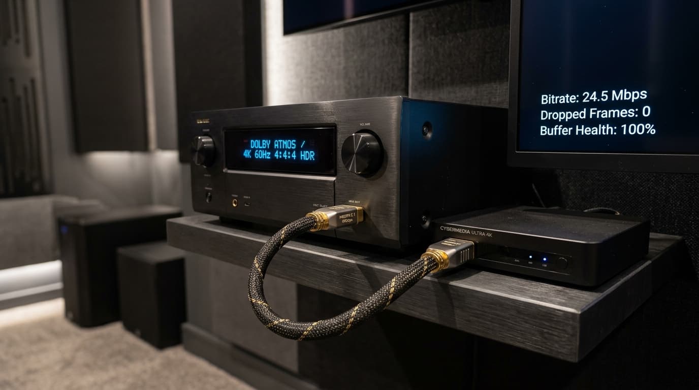 Close-up of an audiophile AV receiver and media player showing uncompressed 4K 60FPS stream bitrate diagnostics