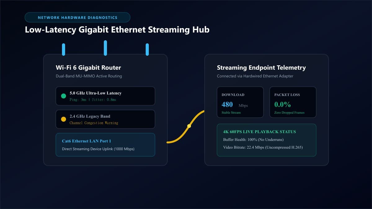 Home network dual-band router with gigabit ethernet cable connected to prevent streaming buffering