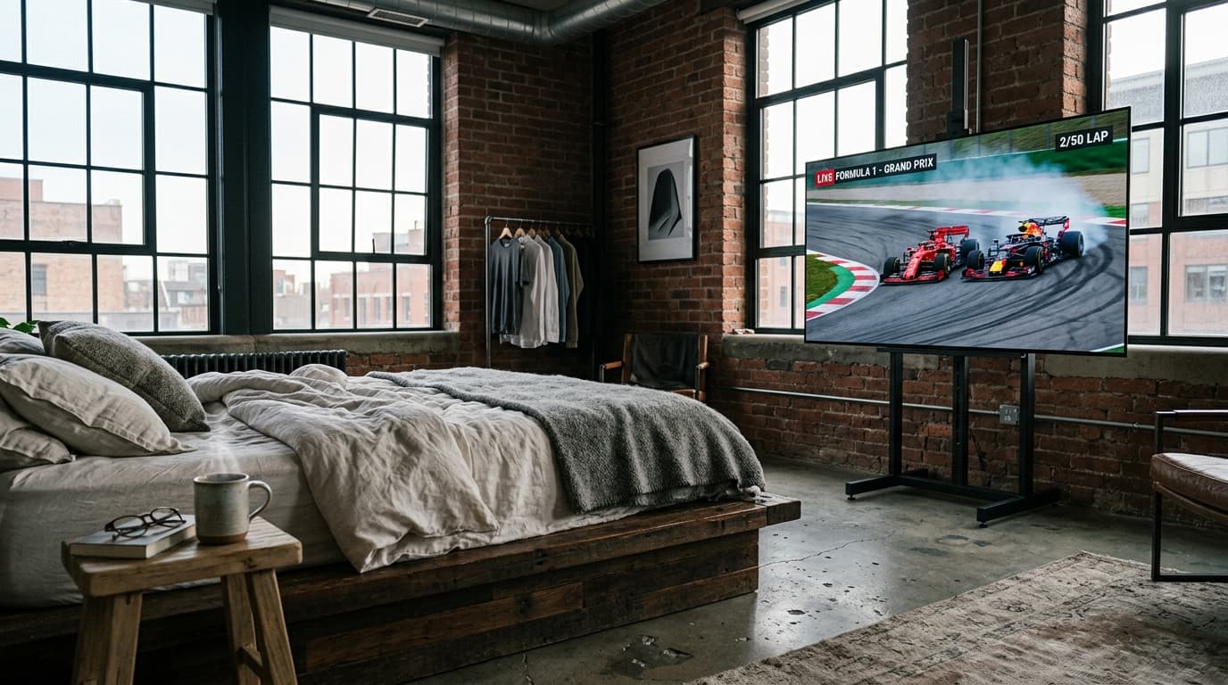 Industrial loft bedroom with an easel-mounted OLED television streaming live 4K motorsport racing over an IPTV connection