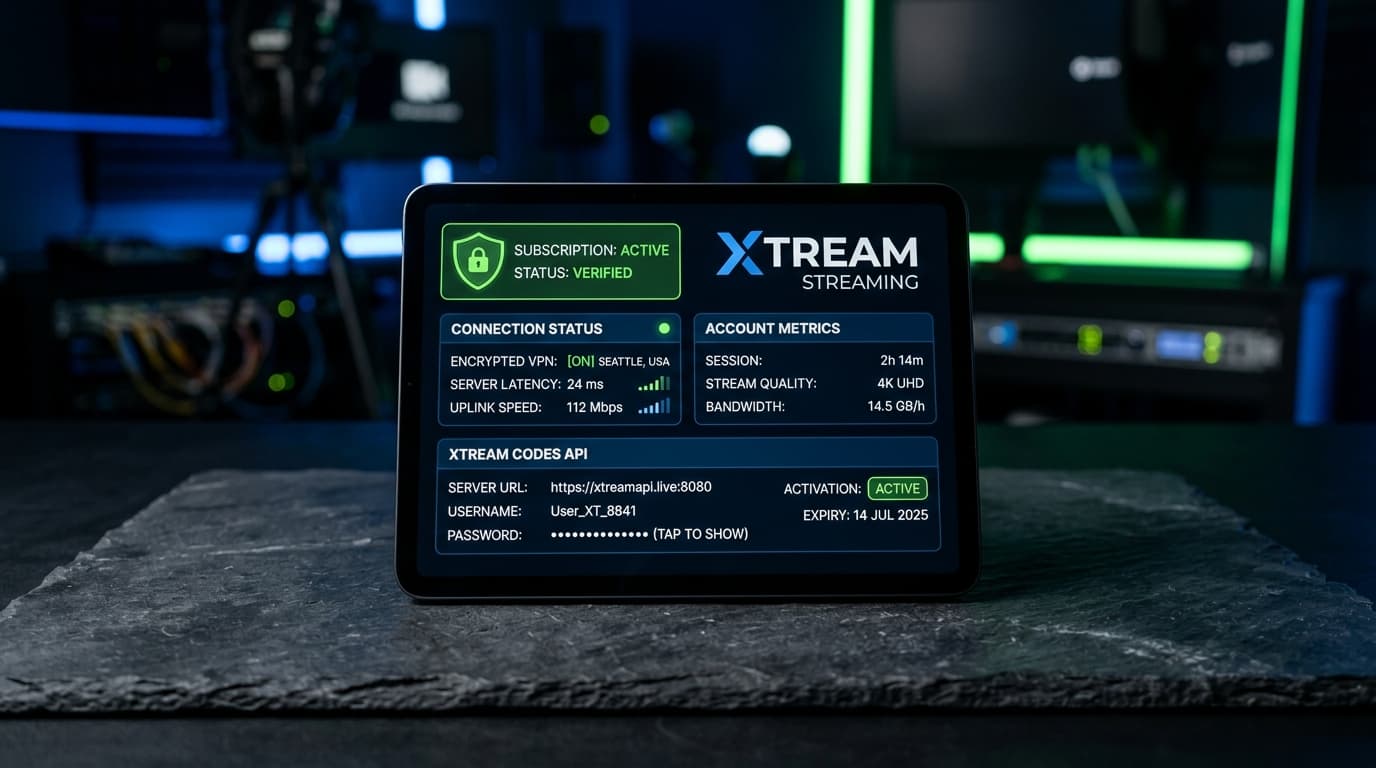 Digital tablet screen displaying an encrypted account dashboard with active IPTV subscription metrics and Xtream Codes details