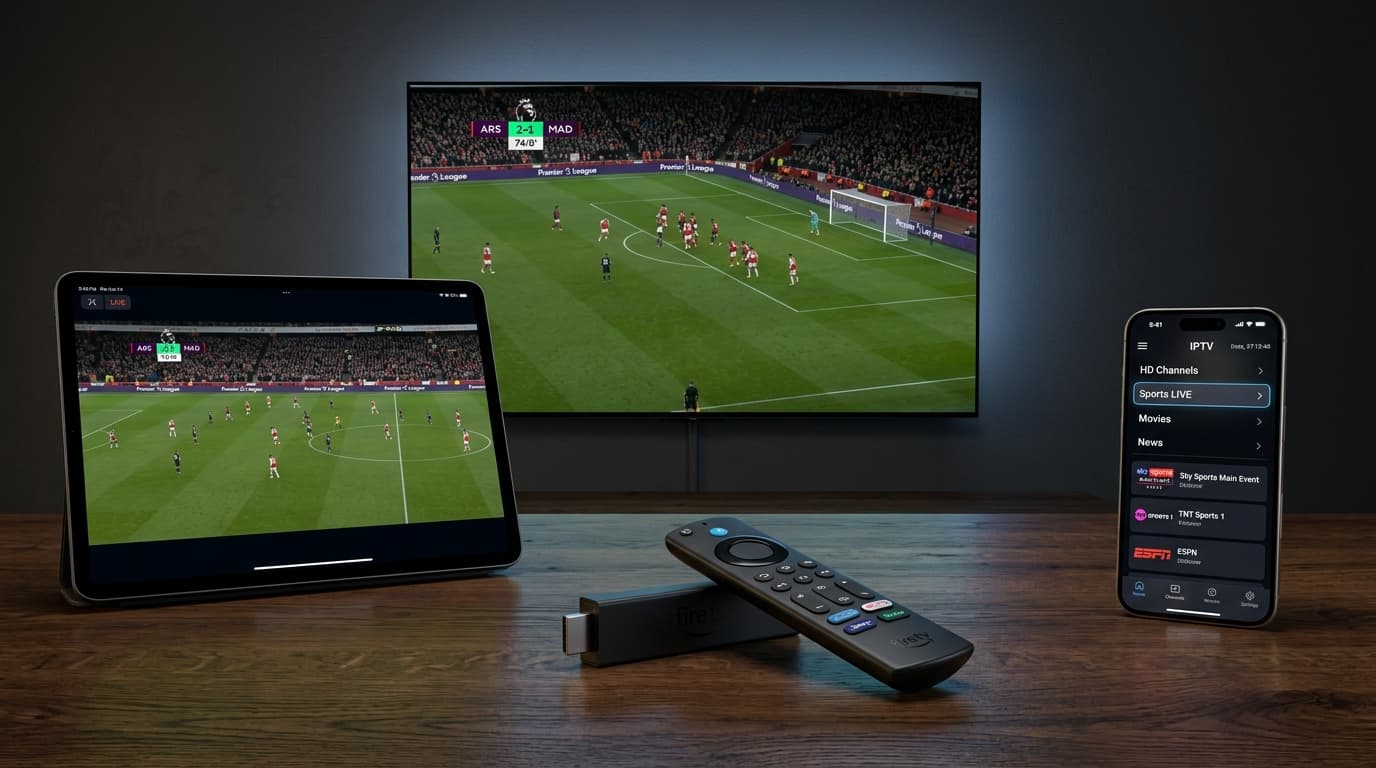 IPTV Multi-Screen Compatibility Across Smart Devices Multi-screen IPTV setup featuring a 4K TV, tablet, smartphone, and Fire TV streaming stick with remote control