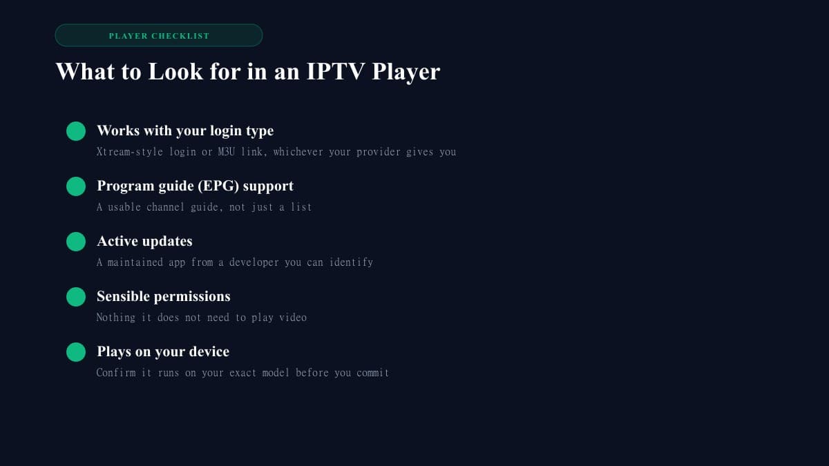 Checklist of what to look for in an IPTV player: login type, program guide, updates, permissions and device support