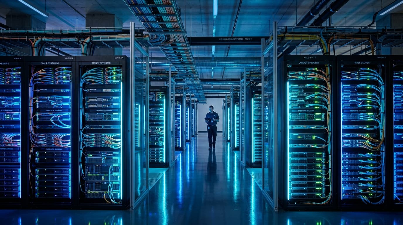 IPTV Server Infrastructure and Anti-Freeze CDN Networks High-tech data center server racks with glowing blue fiber optic cables representing anti-freeze streaming architecture