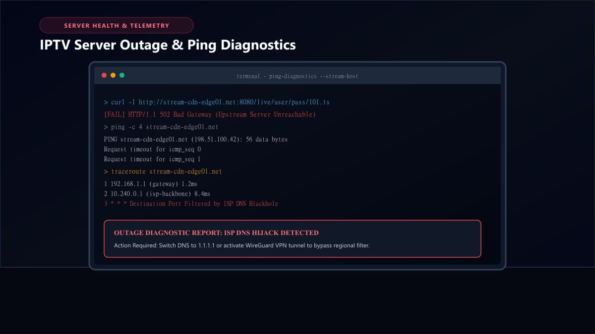 Laptop screen displaying server outage status check and DNS ping diagnostic for IPTV service downtime