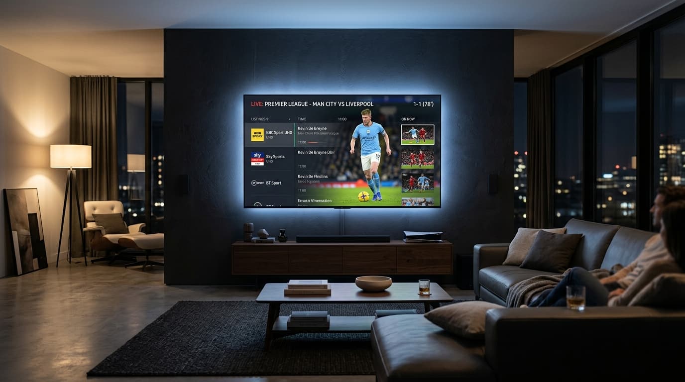 Best IPTV Service Providers in 2026 - Living Room Setup Modern 4K OLED Smart TV displaying live sports and interactive channel menu in a living room