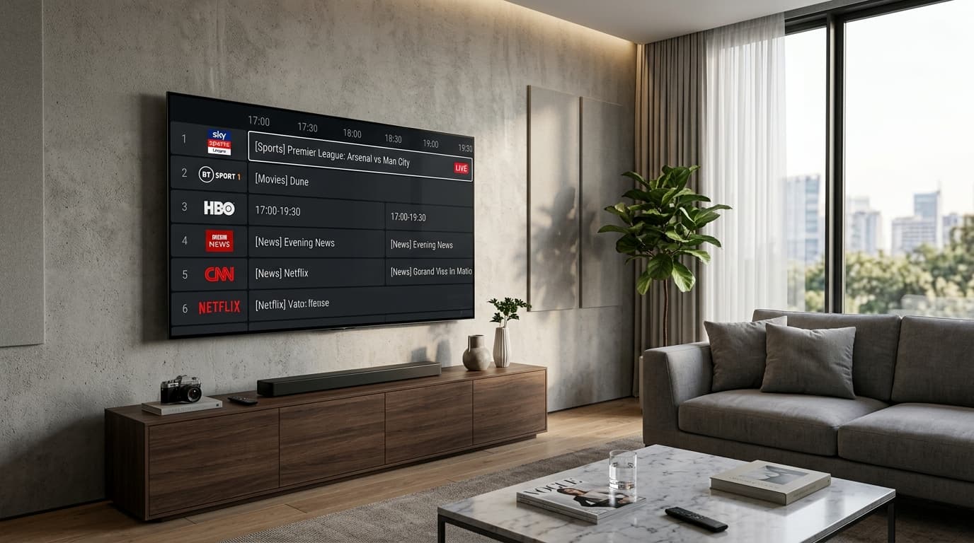 Widescreen OLED TV displaying a full electronic program guide for an IPTV subscription service with live sports schedules