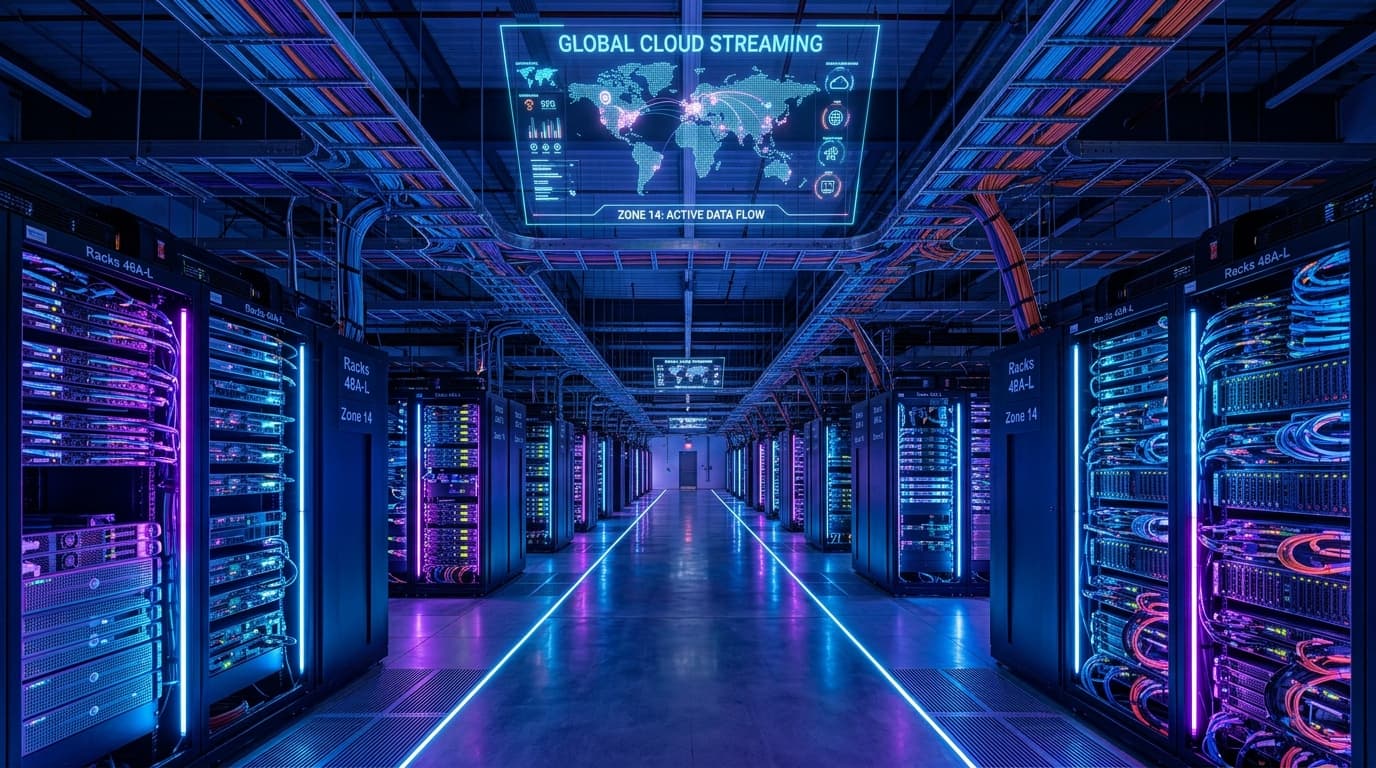 Modern telecom network operations center showing global server distribution and low-latency video streaming pipelines