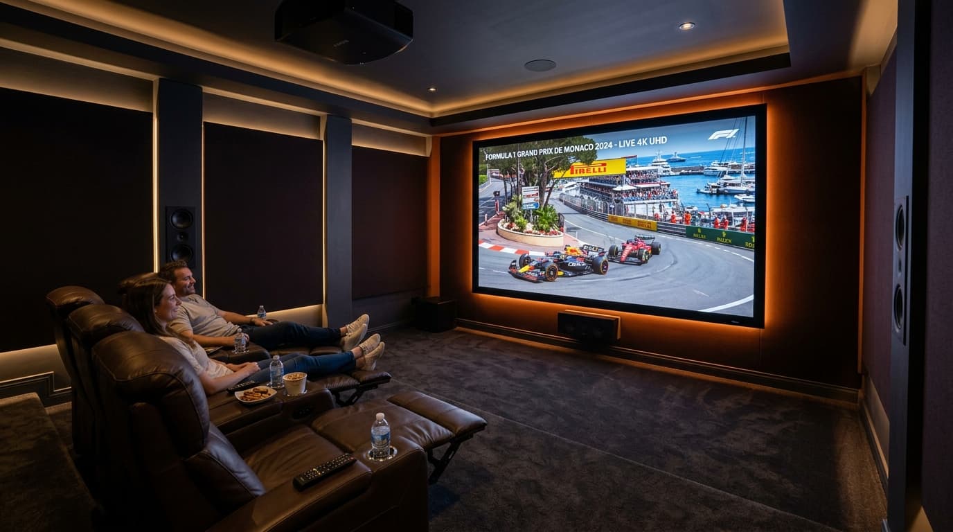 Living room home theater setup streaming 4K Ultra HD content through an advanced IPTV subscription service application